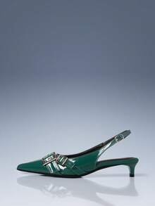 CUCCOO GRLICON 绿色尖头交叉绑带双扣小猫跟空心女鞋 - 綠色 - 查看 2