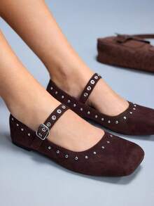 CUCCOO GRLICON Women's Fashion Rivet Decor Flat Shoes With Buckle Design Valentine's Day - Rust Brown - View 2