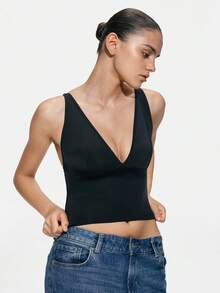 SHAPORA 1件女士修身深V吊带背心 - 黑色 - 查看 2