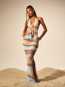 MISSGUIDED Women Striped Halter Crop Top Maxi Skirt Co Ord Set Knit Sweater Two Piece Outfit Summer Beach Vacation Festival Boho Crochet Fringe - Multicolor - View 6
