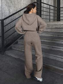 EURMUSE Của phụ nữ Màu thuần Hoodie Và Quần Bộ - Màu be - Xem 2