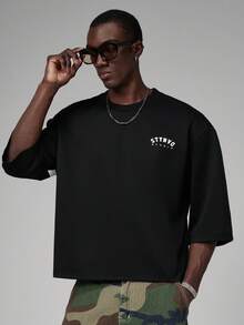 STYNVO Men's Letter Print Round Neck Casual Loose T-Shirt - Black - View 2