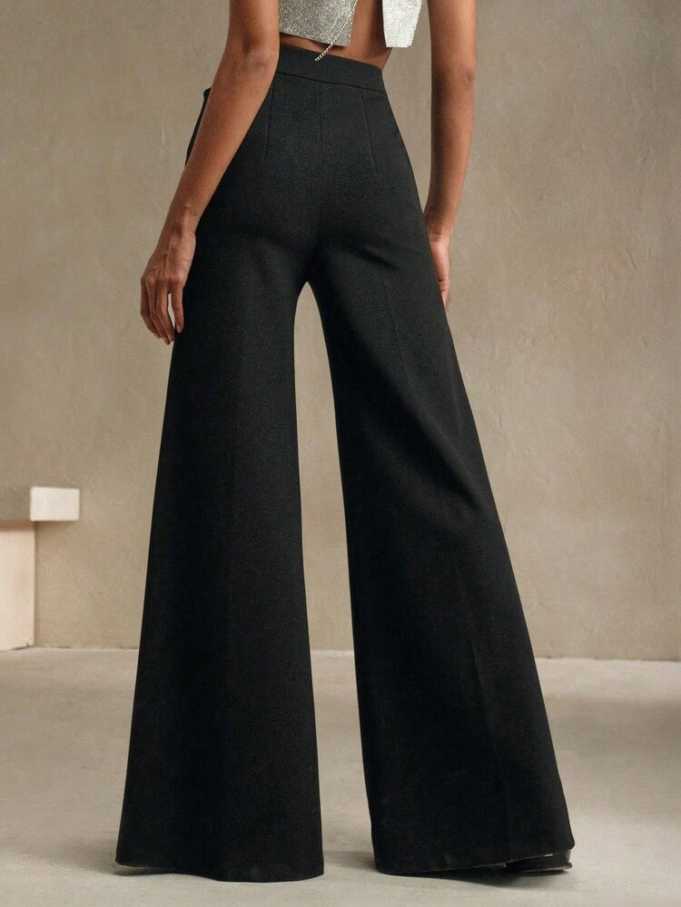 Elegant High-Waisted Textured Fabric Black Pocket Straight Leg Solid Color Pants For Women, Suitable For Fall, Winter, Summer, Spring, New Year, Party, Wedding, Elegant, Chic, Stylish, Business Casual, Going Out