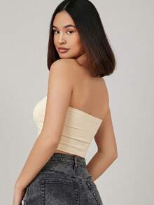 SHEIN BASICS Women's Solid Color Cropped Fitted Fashionable Bandeau Top Strapless Top Cute Tube Tops Summer Clothes Tube Top,Summer Top - Apricot - View 3