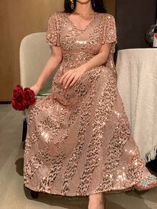 DAZY Đầm nữ thanh lịch cổ chữ V đính sequin tay bồng dài ngang gối, thích hợp mùa hè, dự tiệc cưới, đầm hè cho nữ. - Hồng - Xem 1