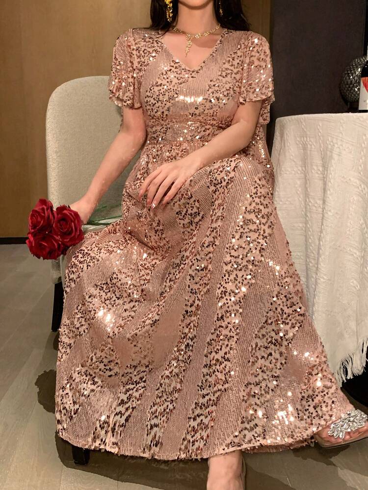 Women's Elegant V-Neck Sequin Ruffle Sleeve Mid-Length Dress, Summer,Wedding Guest Dress Women Sundress