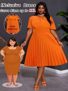 SHEIN CURVE+ 适合曲线身材的 US22 码音乐节、海滨度假、波西米亚风女士纯色泡泡袖荷叶边休闲连衣裙，夏季连衣裙，橙色连衣裙，荷叶边连衣裙，修身夏季连衣裙，度假连衣裙，橙色连衣裙，曲线度假穿搭，中长连衣裙，橙色穿搭，橙色连衣裙 - 橘色 - 查看 2