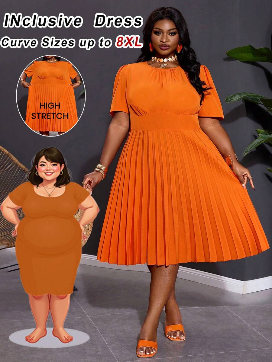 SHEIN CURVE+ 适合曲线身材的 US22 码音乐节、海滨度假、波西米亚风女士纯色泡泡袖荷叶边休闲连衣裙，夏季连衣裙，橙色连衣裙，荷叶边连衣裙，修身夏季连衣裙，度假连衣裙，橙色连衣裙，曲线度假穿搭，中长连衣裙，橙色穿搭，橙色连衣裙