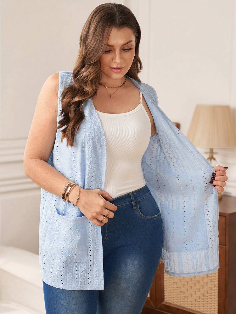 Plus Size Summer Casual  Blue Solid Color Textured Sleeveless Jacket Women Plus Summer Clothing Summer Cardigan Plus Size Summer Outfit For Women Beach Vacation Outfits