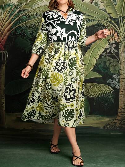 EMERY ROSE 大码女式V领印花褶皱休闲度假约会连衣裙