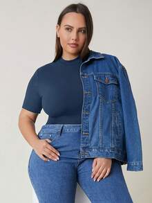 EMERY ROSE Plus Size Casual Solid Color Short Sleeve T-Shirt, Summer - Navy Blue - View 1