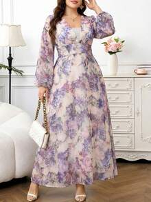 Reflora 大码优雅印花灯笼袖连衣裙 - 淡紫色 - 查看 8