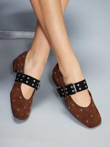 CUCCOO GRLICON Fashionable Studded Square Toe Mary Jane Shoes - Brown - View 3