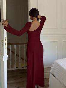 Ronhire 女士纯色网眼拼布简约长款优雅连衣裙 - 酒紅色 - 查看 2