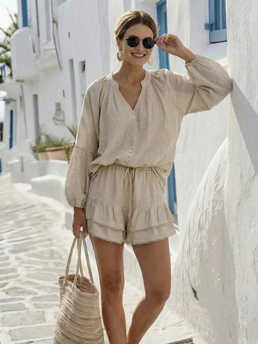 Women's Casual V-Neck Pleated Design Petal Sleeve Long Sleeve Ruffle Hem Long Pants 2-Piece Outfit, Suitable For Outings And Homewear, Spring/Summer - Khaki - View 1