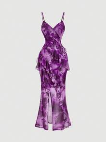 SHEIN MOD Đầm maxi dáng suông cổ chữ V, viền bèo nhún, xẻ cao, in họa tiết hoa nhuộm tie-dye. - Màu tím - Xem 3