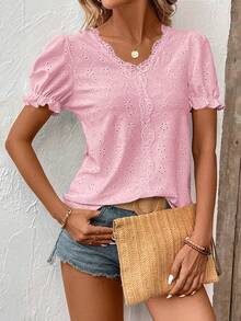 EMERY ROSE Summer Casual Solid Color Textured Lace Trim T-Shirt - Pink - View 4