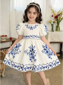 LMoss Kids Young Girl Elegant Vacation Puff Sleeve Blue & White Dress, Spring/Summer, Traditional Filipino Attire - White - View 1