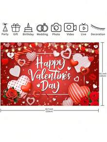 1 pieza Pancarta de fondo para el Día de San Valentín con rosas rojas, fondo temático de corazones para photocall, decoraciones y suministros para la fiesta del Día de San Valentín - Multicolor - Ver 10