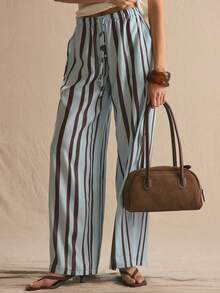 MUSERA Button Detail Stripe Print Drawstring Loose Fit Trousers Spring Summer Cosy Cute Daily Girly Vacation Sunlight Social - Blue - View 1