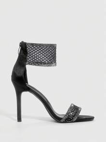 CUCCOO SZL Women's High Heel Shoes, Black Color, Crystal Embellished Mesh Hollow-Out Design, Zipper Back Closure, Fashionable & Sexy Sandals For Summer Spring Shoes - Black - View 2
