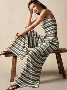 Bohemela 两件套 女士休闲条纹针织修身背心和阔腿宽松腰裤 - 綠色 - 查看 3