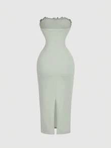 SHEIN MOD 女士花卉刺绣褶皱设计修身优雅中长连衣裙 - 薄荷綠 - 查看 3