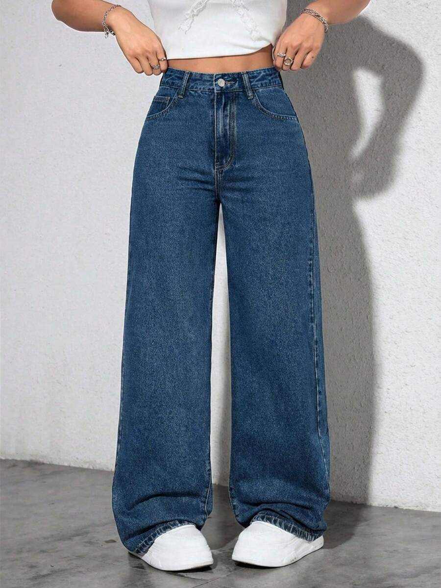 SHEIN Cottnline Casual Washed High Waist Straight Leg Jeans - Royal Blue - View 1