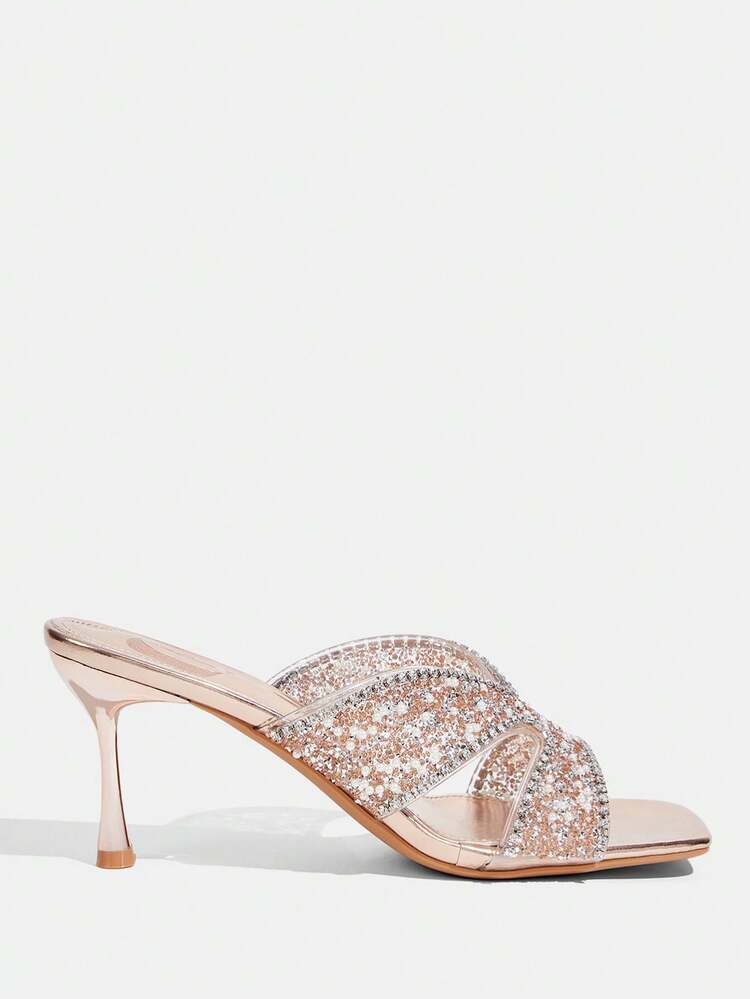 CUCCOO TILAWA Women Shoes Square Toe Slender Heel Champagne Transparent Film Rhinestones Sexy Fashion Elegant Gorgeous Women's High Heel Sandals Slippers With Skirts Daily Versatile Banquet Party Women's Sandals