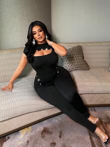 NU&NOW Sexy Hollow Out Design Peep Toe Splice Black Plus Size Jumpsuit - Black - View 5