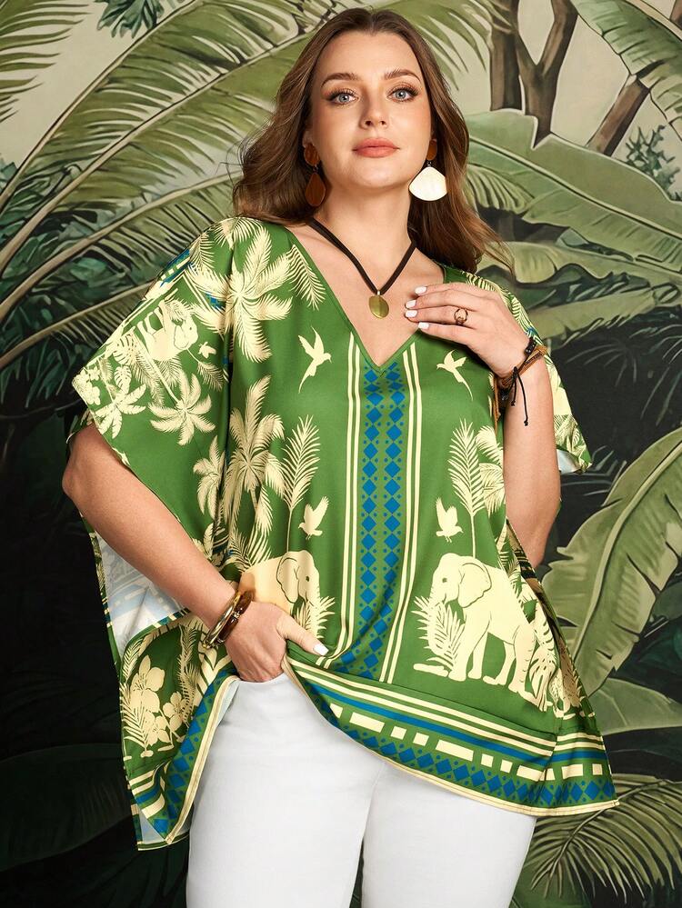 Plus Size Women Palm Tree Print Batwing Sleeve Loose Blouse Summer Outfits Beach Vacation Outfits For Women Floral Blouse For Women BOHO Clothes Kaftan Summer Dresses Kaftan Tops For Women Women's Tops And Blouses Beach Wear Women Cover Up Summer Outfits For Women Beach Outfit For Women Casual Vacation Outfits Women Country Concert Outfit Peplum