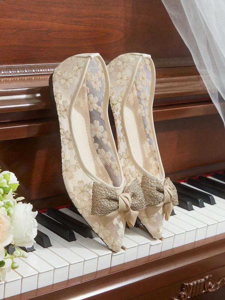 CUCCOO HITCHD Pointed Toe Mesh Breathable Comfortable Bow Lace Ballet Elegant Fairy Versatile Flat Beige Shoes Wedding Shoes Spring Shoes Bride Shoes