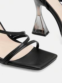 Glitzique 方头水晶高跟鞋，条纹带性感优雅时尚高跟女士凉鞋 - 黑色 - 查看 12