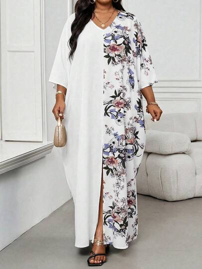 SHEIN Lady Vestido casual holgado con cuello en V, parches de flores blancas, talla grande, vestido de verano para vacaciones, vestidos africanos para mujeres, abaya de Dubai, atuendos de verano para mujeres, vestido bohemio de verano para mujeres, vestido de verano casual con estampado floral para mujeres