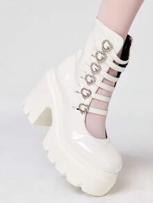 ROMWE Kawaii 女士高跟凉鞋~ 2026 新款春秋朋克风白色 PU 圆头女鞋粗跟防水桌高跟鞋爱心交叉带时尚靴 - 白色 - 查看 5