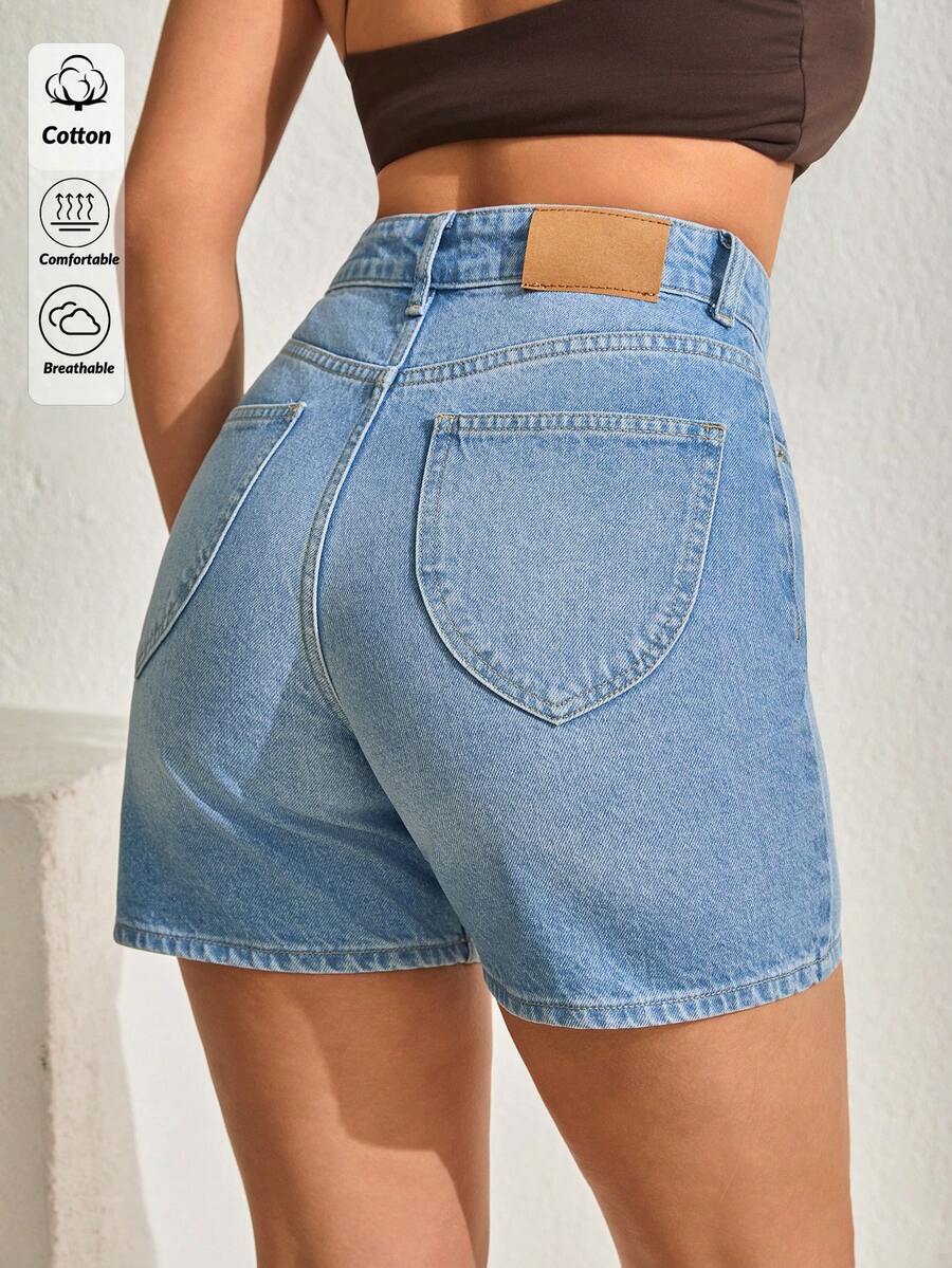 Quần short denim nữ cạp cao, 100% cotton - Rửa nhẹ - Xem 1