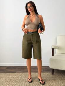 SHEIN Mid Waist Pleat Front Denim Short - Army Green - View 7