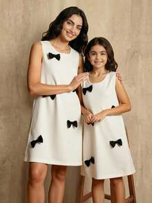 SHEIN Cute Young Girls White Sleeveless Polyester Dress With Black Bows Round Neck Short Length - Black and White - View 7
