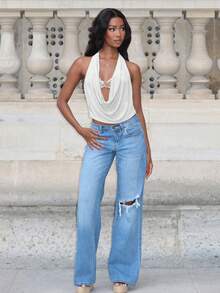 Mima John 女式前扭金属花朵装饰深垂领露背紧身上衣 - 白色 - 查看 2