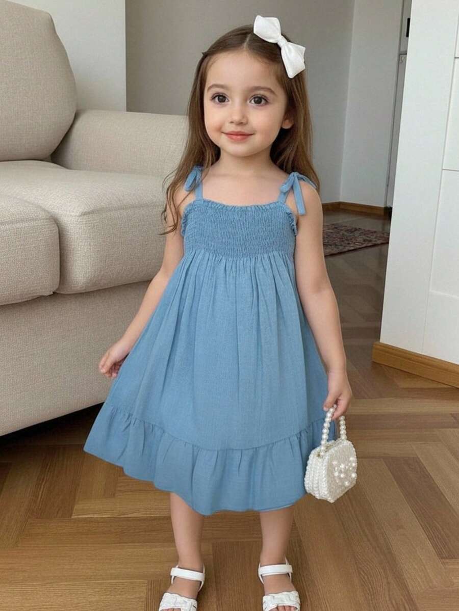 Vestido elegante para niñas con tirantes finos y falda con volantes escalonados - azul - Ver 1