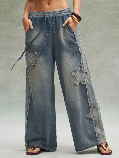 Bohemela Women's Drawstring Waist Five-Pointed Star Patch Casual Versatile Daily Wear Wide Leg Jeans