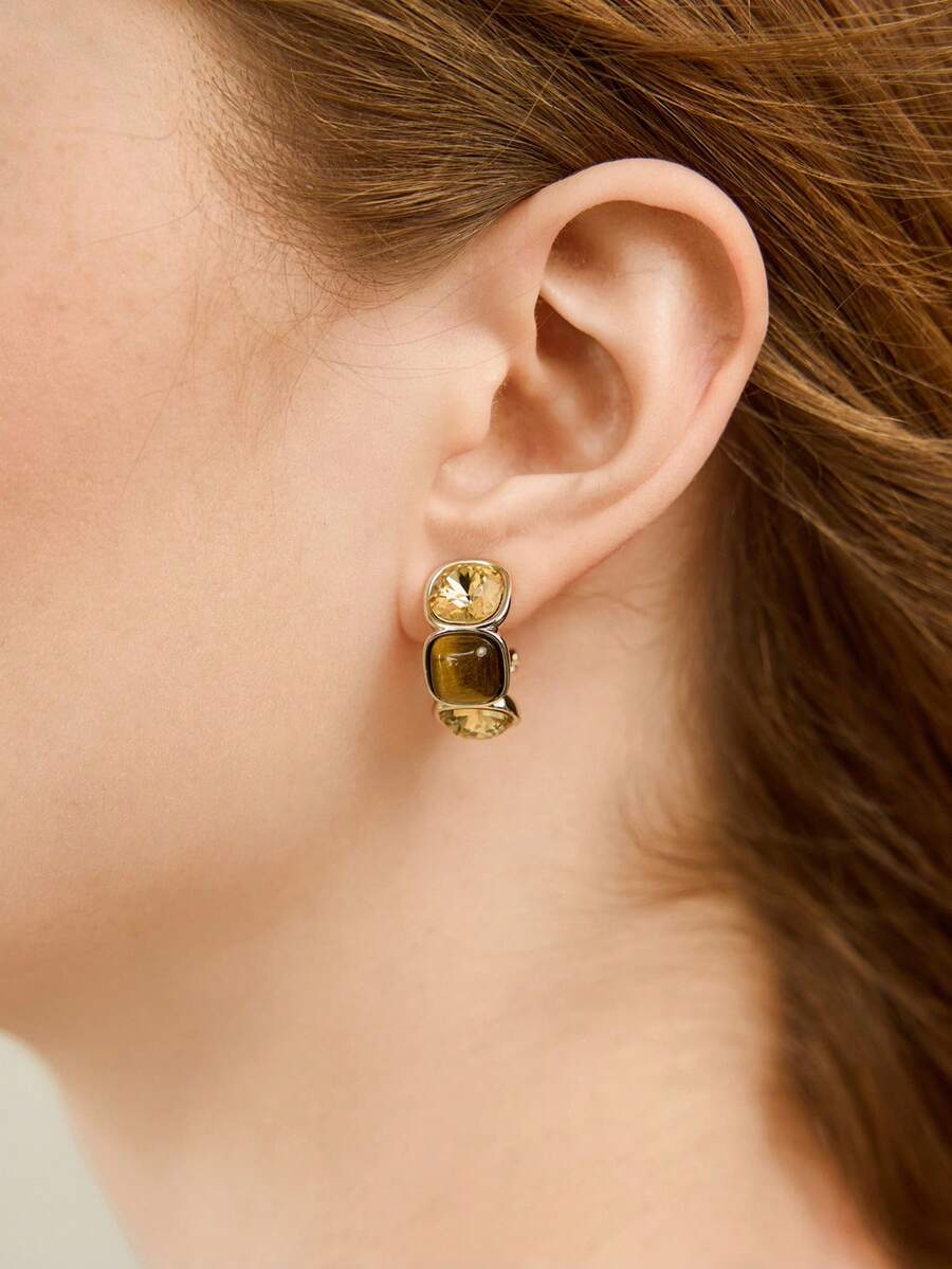 MOTF PREMIUM 轻奢时尚方形虎眼石拼接耳钉 女款，港式气质美拉德耳环 - 金色 - 查看 1