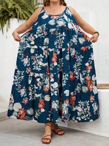 SHEIN CURVE+ 曲线尺码 US22 音乐节、海滨度假、波西米亚风印花吊带连衣裙，适合夏季海滩度假、沙滩罩衫、夏季服装，女士碎花连衣裙，碎花长裙，夏季吊带裙，波西米亚风碎花连衣裙，大码夏季连衣裙，波西米亚风长裙 - 藍色 - 查看 10