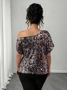 Elenzga Plus Size Women's Fashionable Colorful Beaded Cold Shoulder Top - Multicolor - View 3