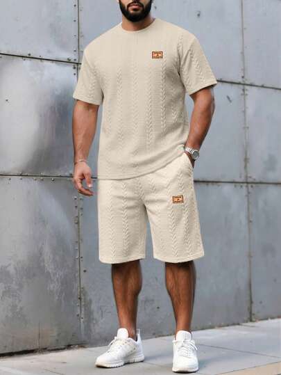 ResortEase Plus Size Men's Letter Graphic Round Neck Short Sleeve T-Shirt And Shorts Casual Set, Cozy Outfits