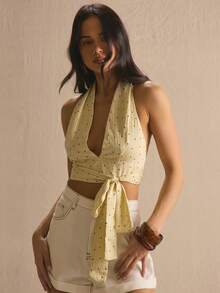 MUSERA 低胸露背吊带系带腰身波点上衣，春夏舒适可爱日常少女风度假阳光社交节日 - 淡黃色 - 查看 1