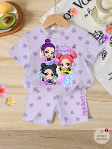 2pcs/Set Young Girls' Casual Sweet Heart Print Outfit, Short Sleeve T-Shirt And Skinny Shorts, Suitable For Girls Aged 4-7 In Spring/Summer, Featuring Girl Group Style And Heart Graphic Tee, Soft And Skin-Friendly Material - Multicolor - View 2