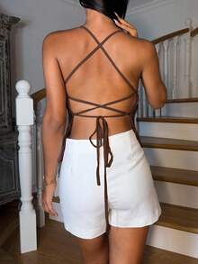 Ronhire 纹理提花细肩带女士无袖衬衫，度假吊带背心，春夏季 - 棕色 - 查看 3