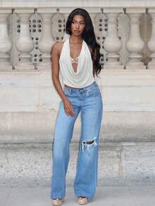 Mima John 女式前扭金属花朵装饰深垂领露背紧身上衣 - 白色 - 查看 5