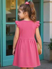 Lindo vestido rosa con mangas con volantes para uso diario de niñas - Rosa Fucsia - Ver 3